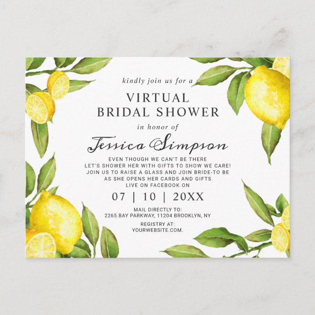 Watercolor Lemons Virtual Bridal Shower Invitation Postcard (Front)