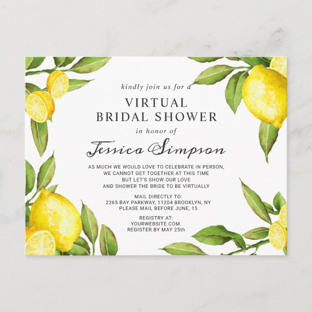 Watercolor Lemons Virtual Bridal Shower Invitation Postcard (Front)