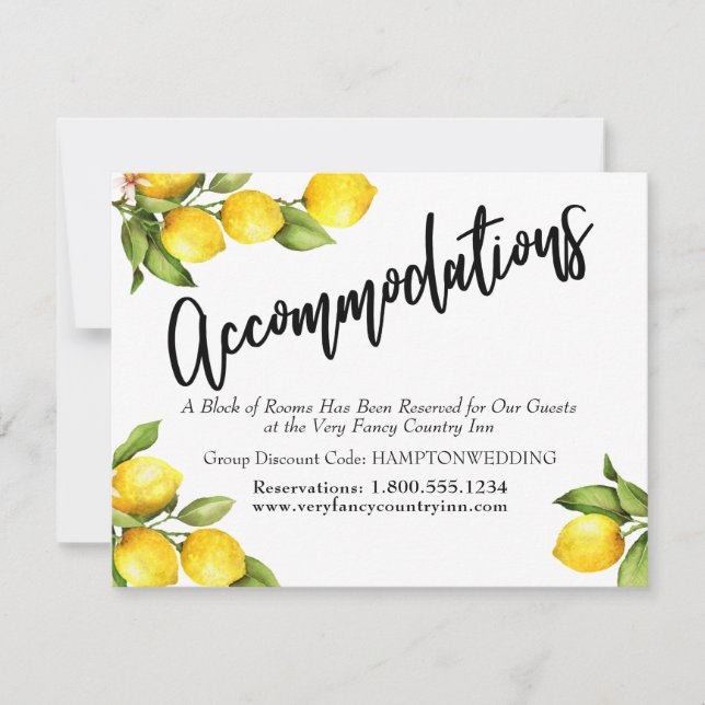 Watercolor Lemons Wedding Accommodations Card (Front)
