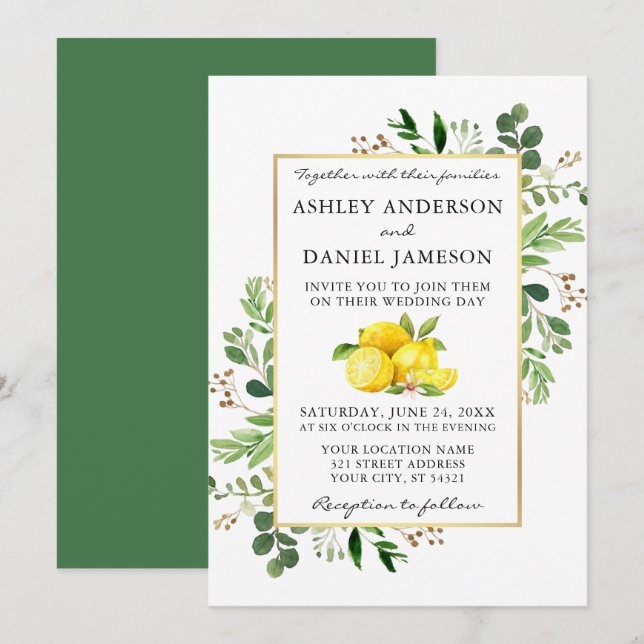 Watercolor Lemons Wedding Botanical Greenery Invitation (Front/Back)
