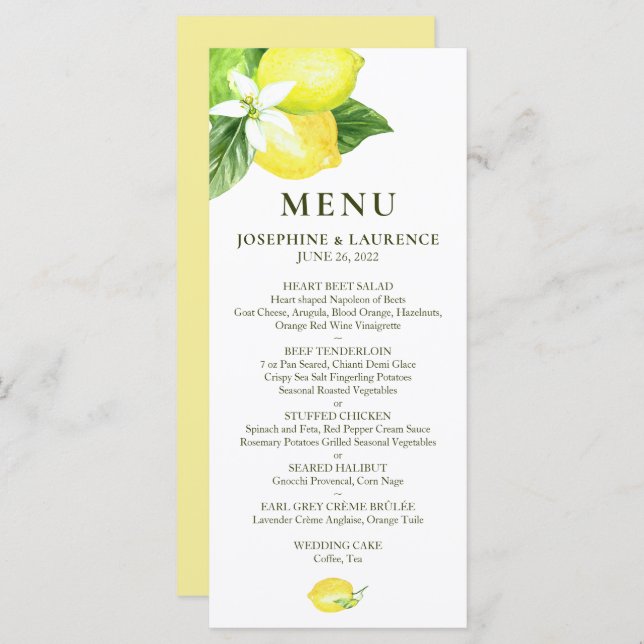 Watercolor Lemons  Wedding Menu (Front/Back)