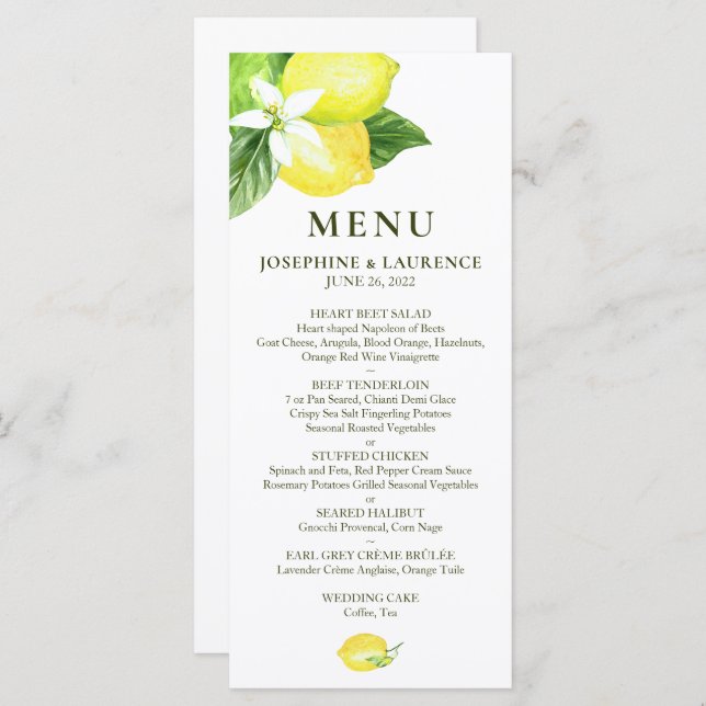 Watercolor Lemons  Wedding Menu (Front/Back)