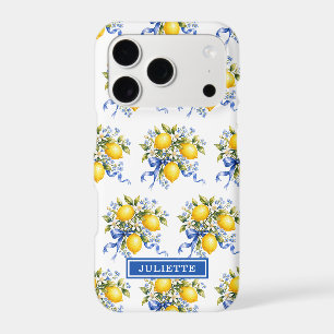 Watercolor Lemons With Blue Flowers Monogrammed iPhone 17 Pro Case