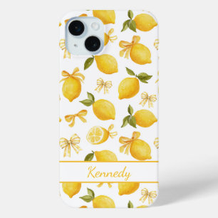 Watercolor Lemons With Coquette Bows Monogrammed iPhone 15 Plus Case