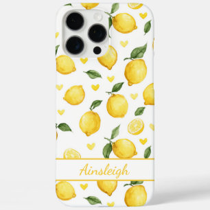 Watercolor Lemons With Hearts Monogrammed iPhone 16 Pro Max Case
