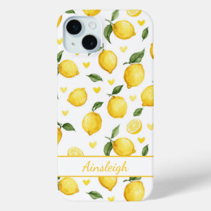 Watercolor Lemons With Hearts Monogrammed iPhone 15 Plus Case