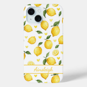 Watercolor Lemons With Hearts Monogrammed iPhone 15 Case