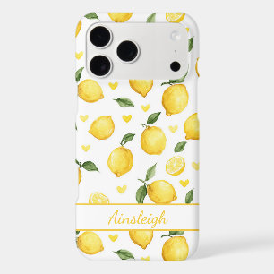 Watercolor Lemons With Hearts Monogrammed iPhone 17 Pro Max Case