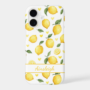 Watercolor Lemons With Hearts Monogrammed iPhone 17 Case