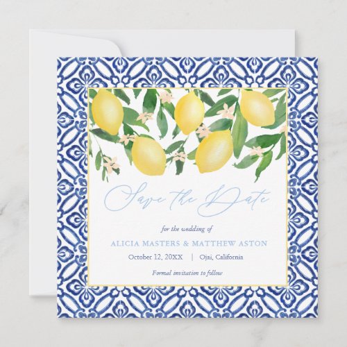 Watercolor Lemons With Spanish Tiles Powder Blue Save The Date