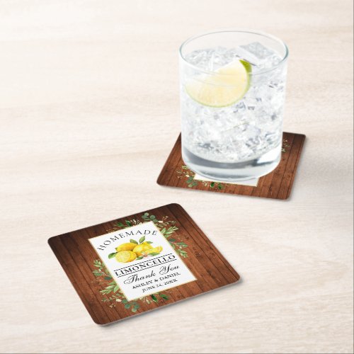 Watercolor Lemons Wood Greenery Limoncello Square Paper Coaster