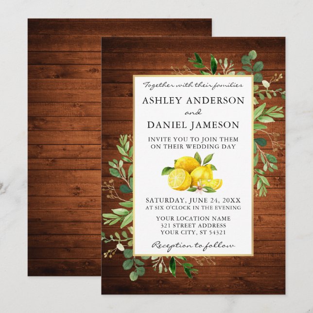 Watercolor Lemons Wood Greenery Wedding Invitation (Front/Back)