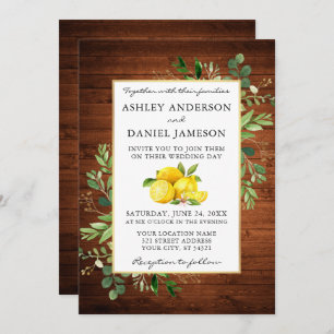 Watercolor Lemons Wood Greenery Wedding Invitation