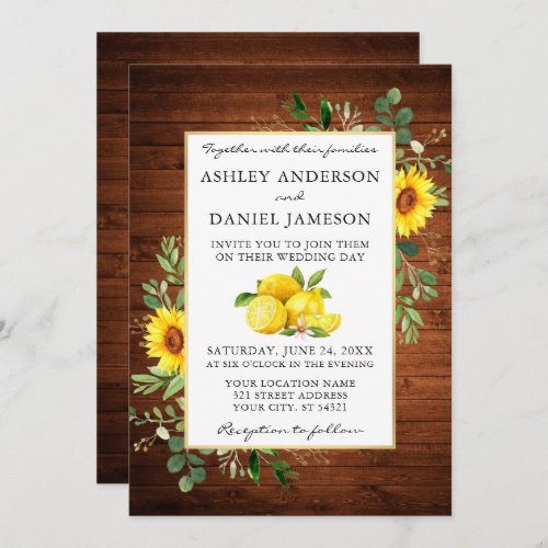 Watercolor Lemons Wood Sunflowers Photo Wedding Invitation
