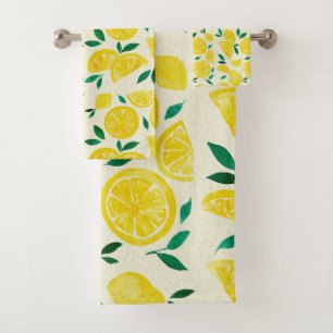 Watercolor lemons - yelllow and green bath towel set