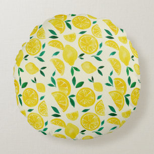Watercolor lemons - yelllow and green round pillow
