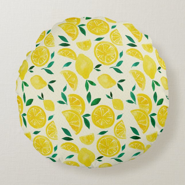 Watercolor lemons - yelllow and green round pillow (Front)