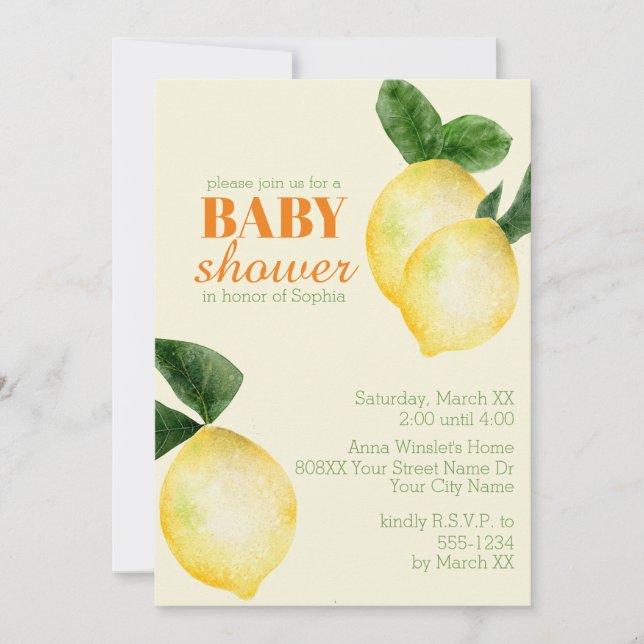 Watercolor Lemons Yellow Baby Shower Invitation (Front)