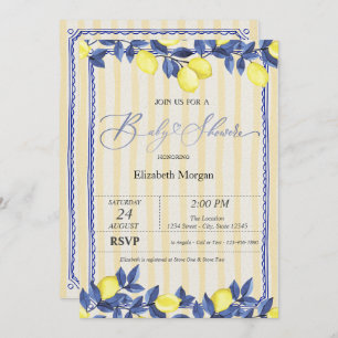 Watercolor Lemons Yellow Stripes Baby Shower Invitation