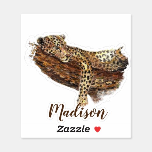 Watercolor Leopard Cat Animal Custom Name Sticker