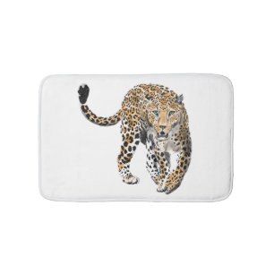 watercolor leopard jungle cat painted animal green bath mat