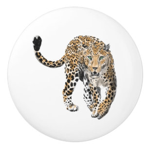 watercolor leopard jungle cat painted animal green ceramic knob