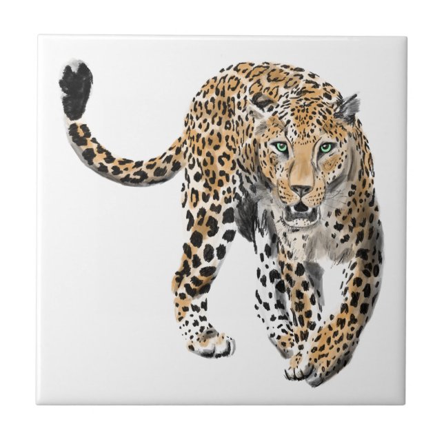 watercolor leopard jungle cat painted animal green ceramic tile (Front)