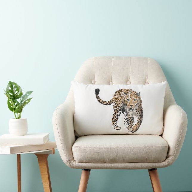 watercolor leopard jungle cat painted animal green lumbar pillow (Chair)