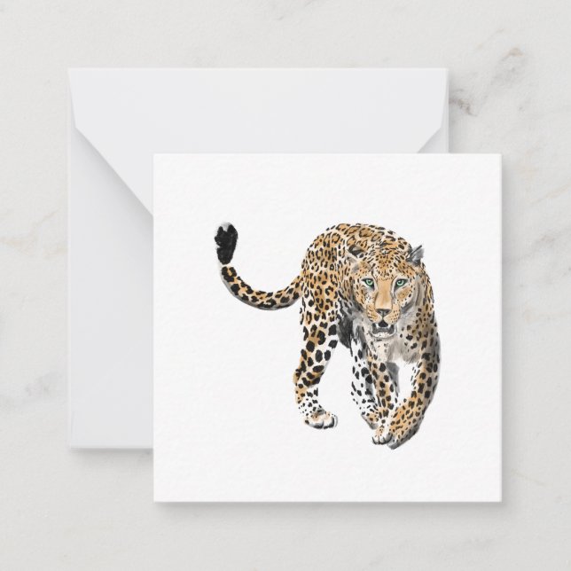 watercolor leopard jungle cat painted animal green note card (Front)