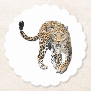 watercolor leopard jungle cat painted animal green paper coaster