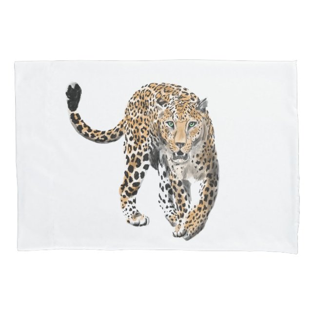 watercolor leopard jungle cat painted animal green pillow case (Front)