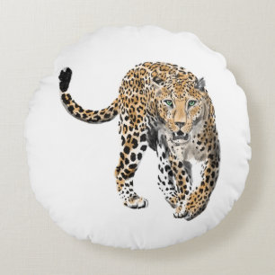watercolor leopard jungle cat painted animal green round pillow