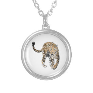 watercolor leopard jungle cat painted animal green silver plated necklace