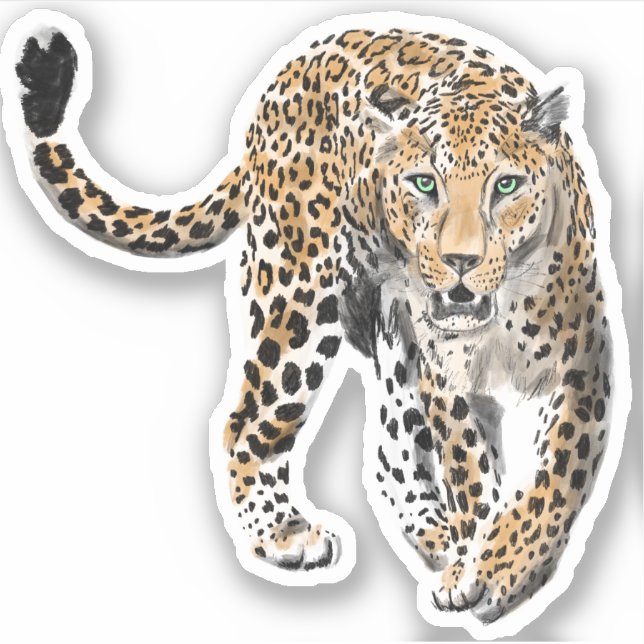 watercolor leopard jungle cat painted animal green sticker (Front)