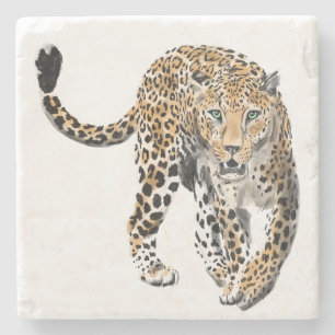 watercolor leopard jungle cat painted animal green stone coaster