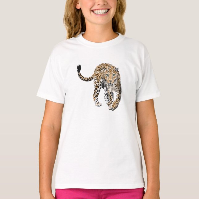 watercolor leopard jungle cat painted animal green T-Shirt (Front)