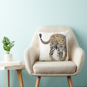 watercolor leopard jungle cat painted animal green throw pillow
