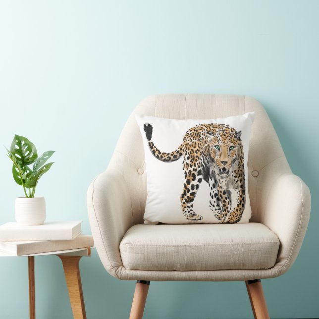 watercolor leopard jungle cat painted animal green throw pillow (Chair)