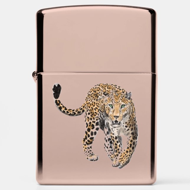 watercolor leopard jungle cat painted animal green zippo lighter (Front)