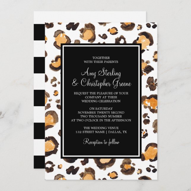Watercolor Leopard Print & Chic Stripes | Wedding Invitation (Front/Back)