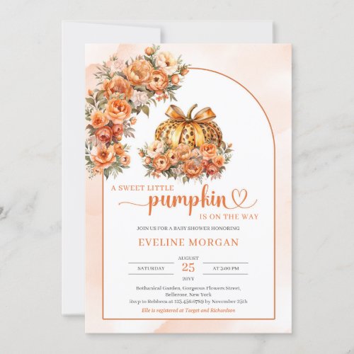 Watercolor leopard pumpkin with copper bow arch invitation