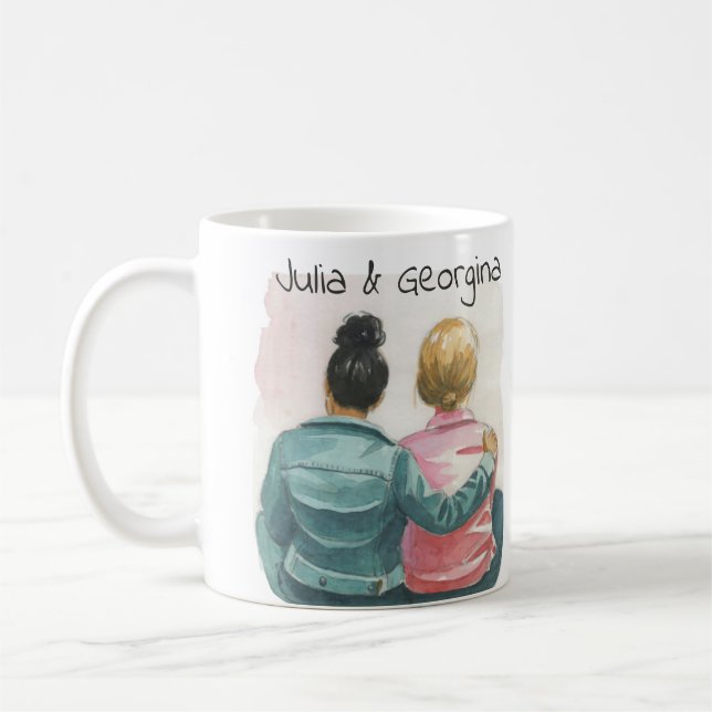 Watercolor Lesbian Couple Personalized Coffee Mug (Left)