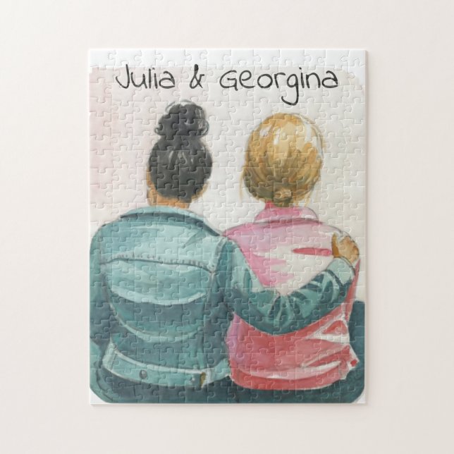 Watercolor Lesbian Couple Personalized Jigsaw Puzzle (Vertical)