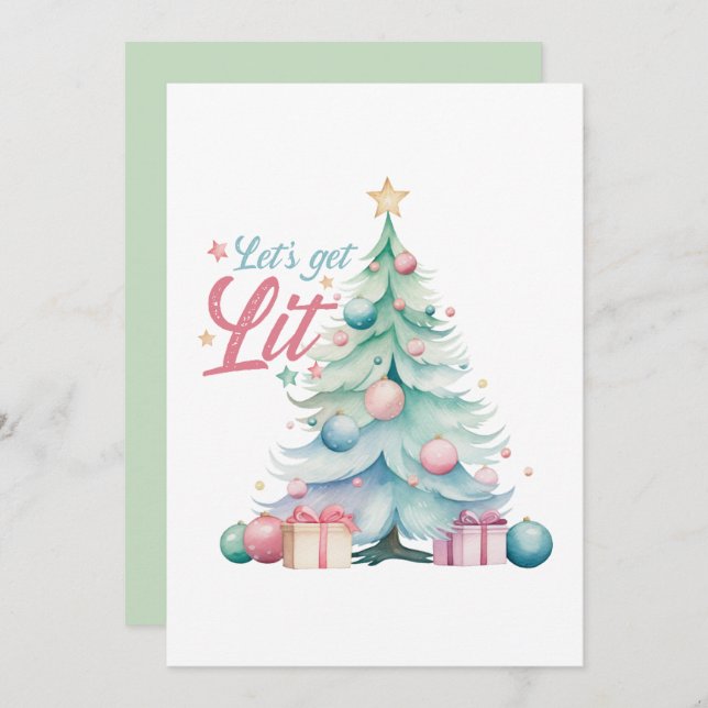 Watercolor Let’s Get Lit Christmas Tree  Invitation (Front/Back)