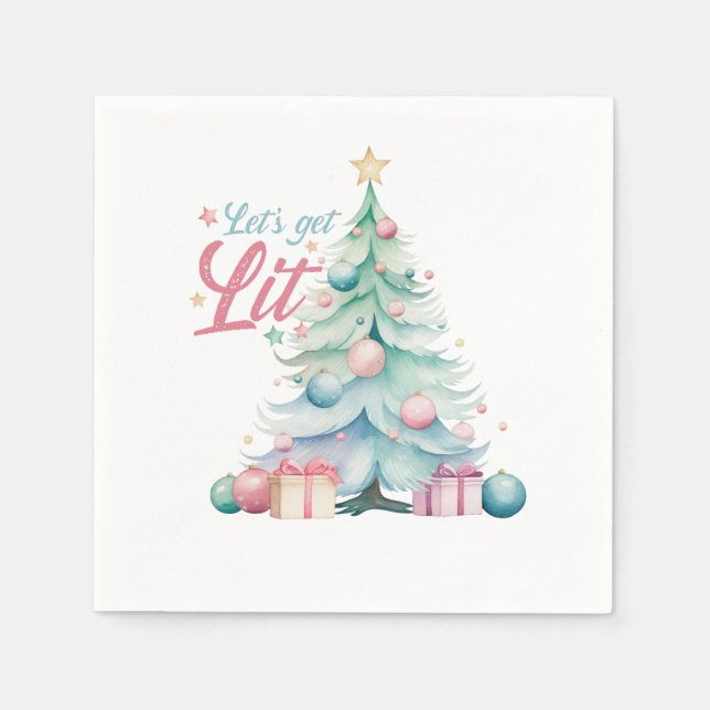 Watercolor Let’s Get Lit Christmas Tree Napkins (Front)