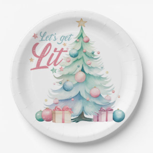 Watercolor Let’s Get Lit Christmas Tree Paper Plates