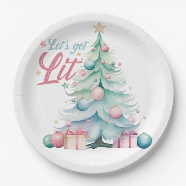 Watercolor Let’s Get Lit Christmas Tree Paper Plates (Front)