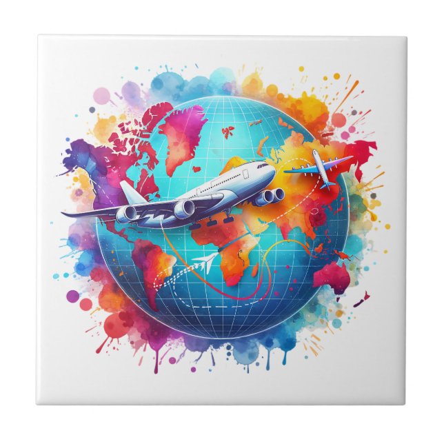 Watercolor Let's travel the world design  Ceramic Tile (Front)