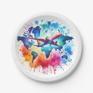 Watercolor Let's travel the world design Paper Plates