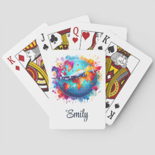 Watercolor Let's travel the world design Poker Cards